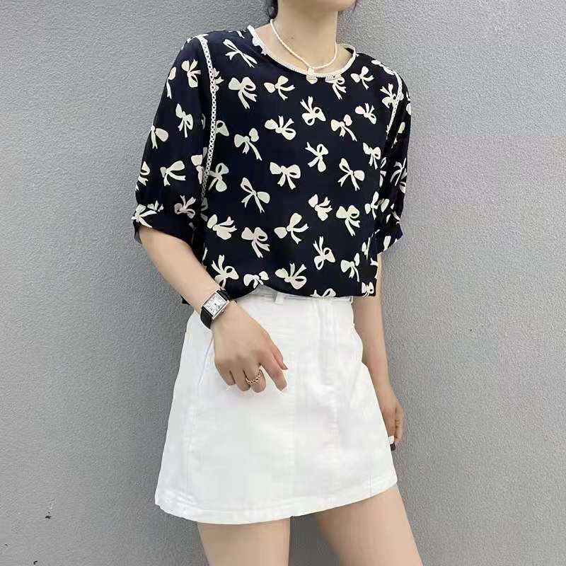 宽松圆领印花雪纺衫女2021夏季新款薄款洋气小衫碎花遮肚子上衣 黑色 M 85-100