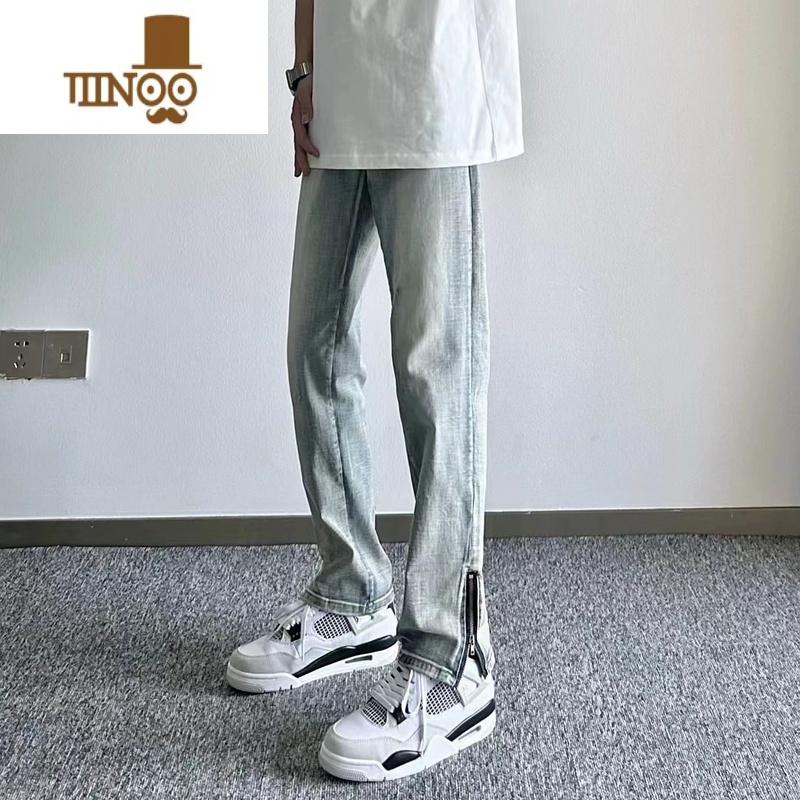 YANXU侧边拉链微喇牛仔裤男水洗痞帅裤子网红美式高街潮牌直筒长式高清大图