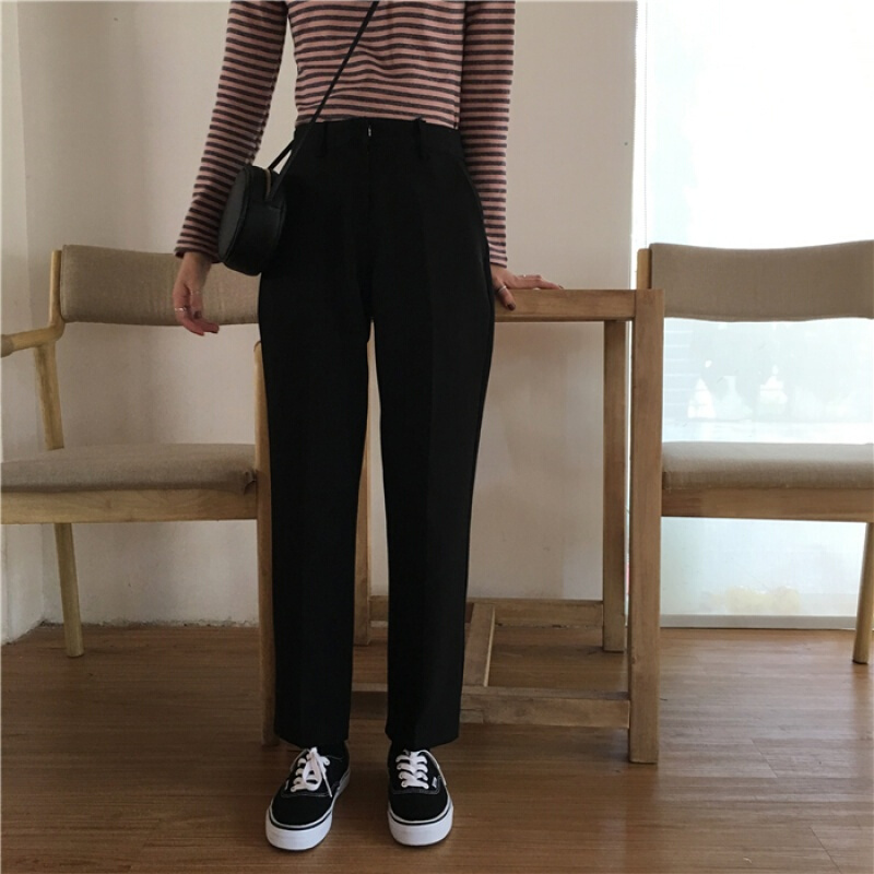 春秋韩国chic风百搭高腰休闲裤学生基础款显瘦黑色直筒西装裤女潮黑色