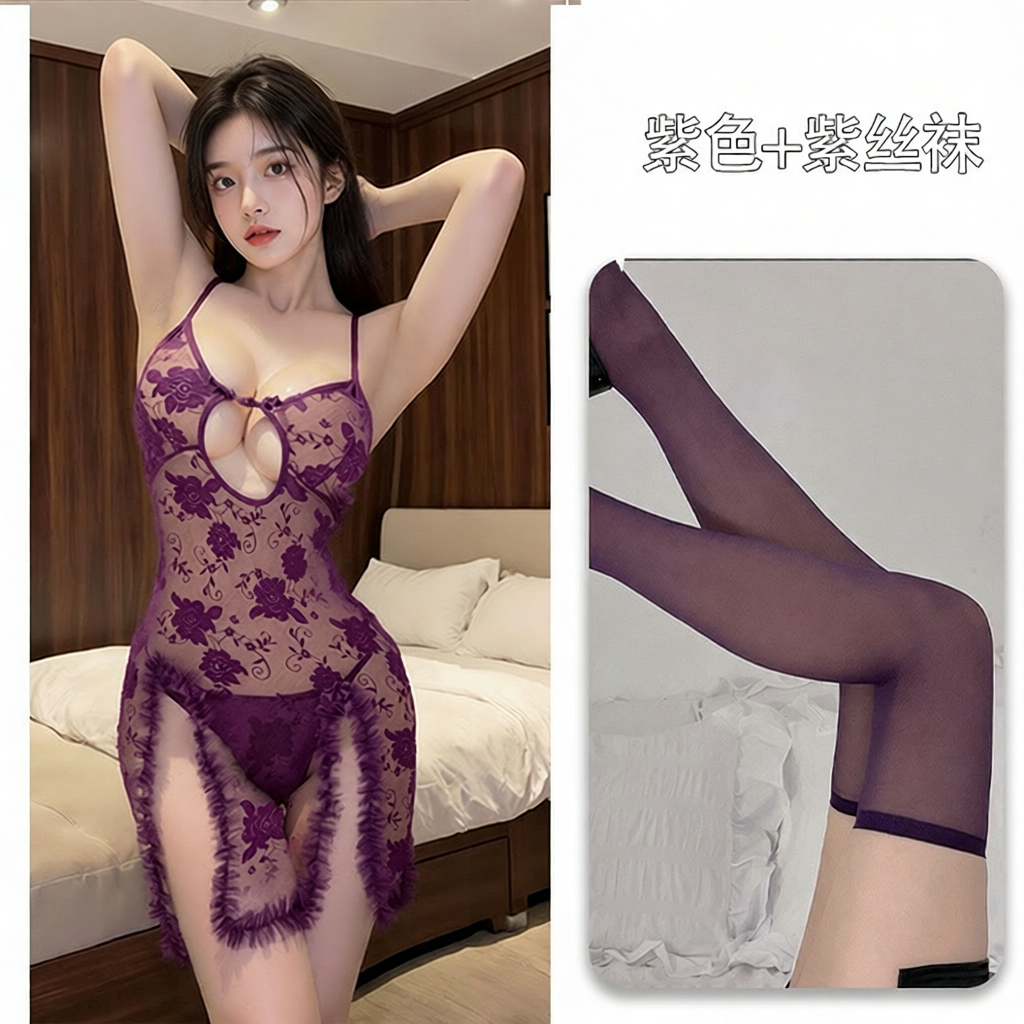 硕遥情趣内衣女性感深V镂空蕾丝透视国风睡裙纯欲露背开叉吊带543 紫色+丝袜