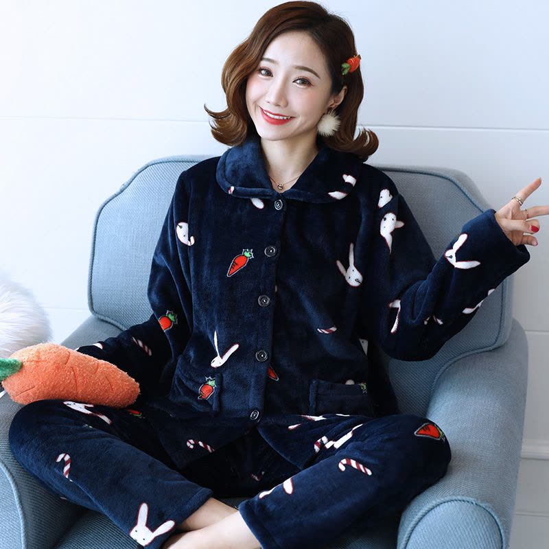 秋冬季加厚珊瑚绒睡衣女士韩版套装长袖法兰绒家居服加大码妈妈装图片