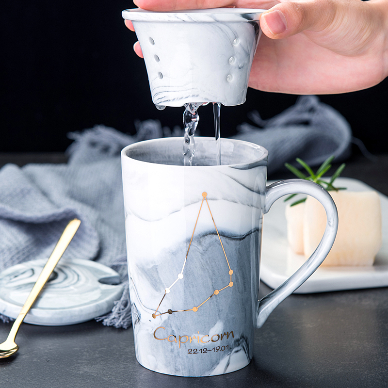 创意过滤茶漏陶瓷杯子个性烘焙精灵潮流星座马克杯带盖勺咖啡杯家用