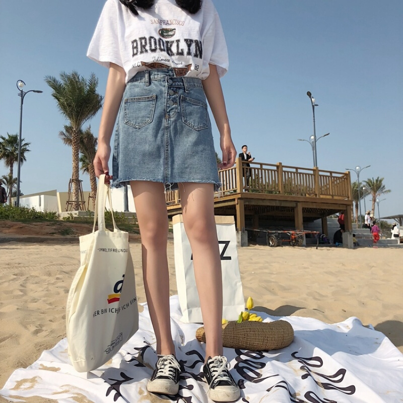 牛仔裙女2018chic韩版高腰a字短裙不规则半身裙ulzzang裙子夏蓝色