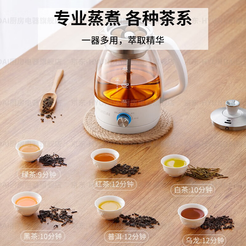 现代HYUNDAI韩国煮茶器 迷你养生壶一人蒸汽喷淋式煮茶壶花茶壶蒸茶器全自动升级保温黑茶白茶 白色