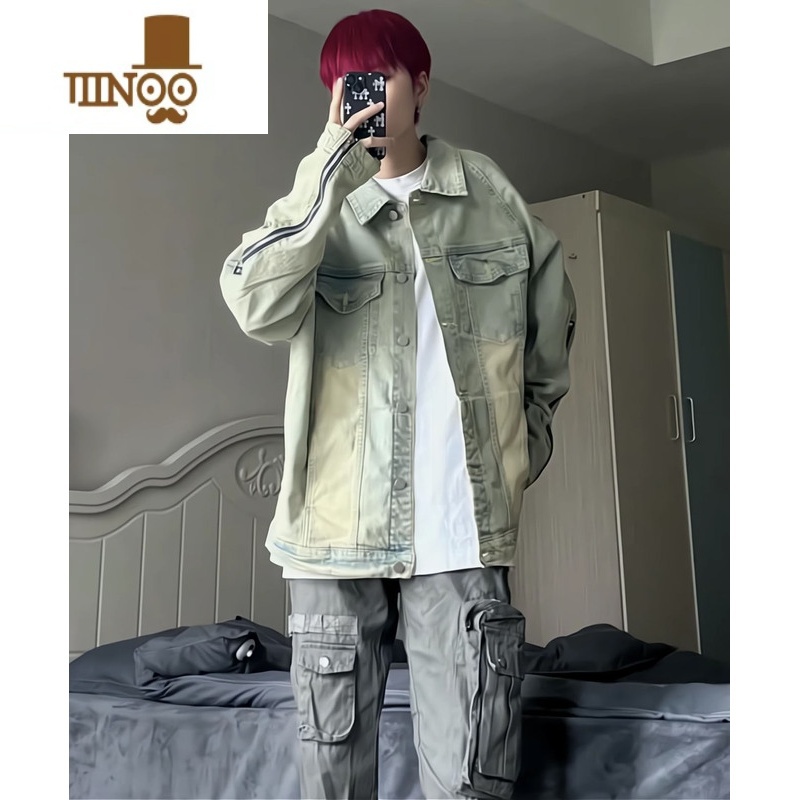 YANXU美式复古牛仔外套情侣潮牌工装黄泥水洗做旧高街港风国潮拉链夹做高清大图
