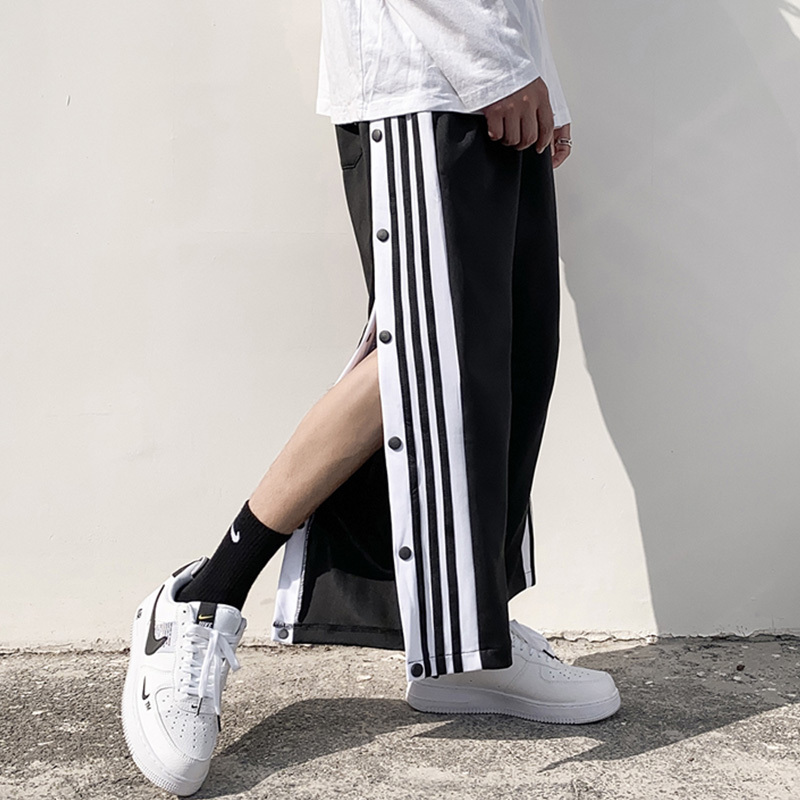 运动裤男直筒裤子夏季薄款快拆侧边全开扣排扣卫裤宽松阔腿篮球嘻哈休闲裤