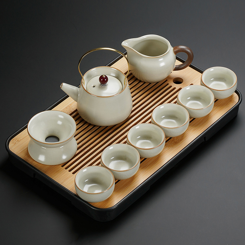 [补贴10%]2024新款汝窑功夫茶具套装陶瓷茶壶盖碗茶杯茶盘轻奢高档家用喝茶高清大图