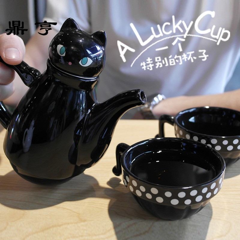 鼎亨日式泡茶水杯萌猫简约茶具陶瓷小茶壶带过滤网不锈钢咖啡餐厅