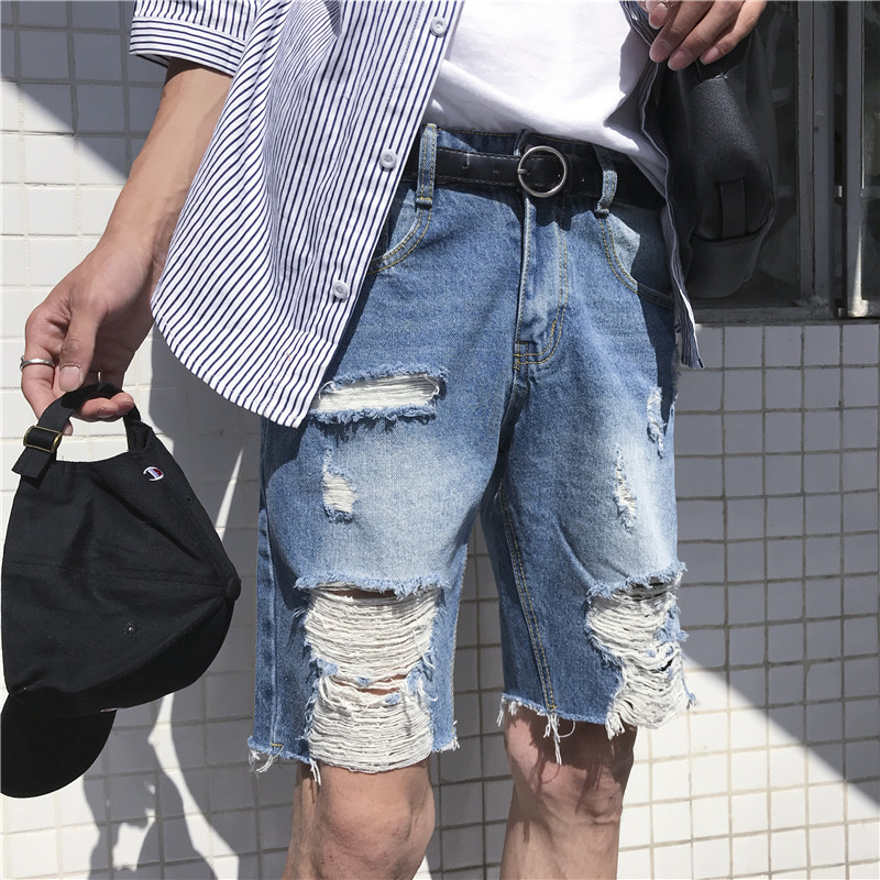 裤子男学生宽松韩版日韩风乞丐裤原宿刮烂毛边百搭破洞牛仔短裤