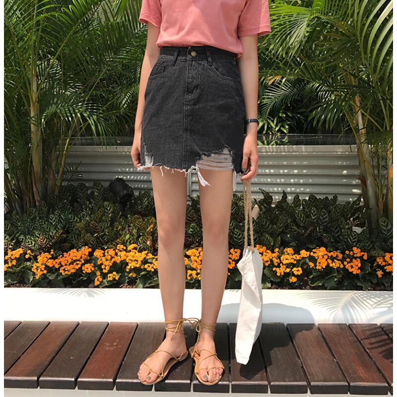 韩版夏季百搭复古水洗渐变破洞毛边纯色牛仔包臀半身裙短裙女