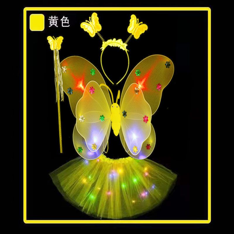 全身发光蝴蝶翅膀小女孩奇妙仙子三件套舞台道具儿童花仙子魔法棒 单层无灯翅膀三件套-紫色