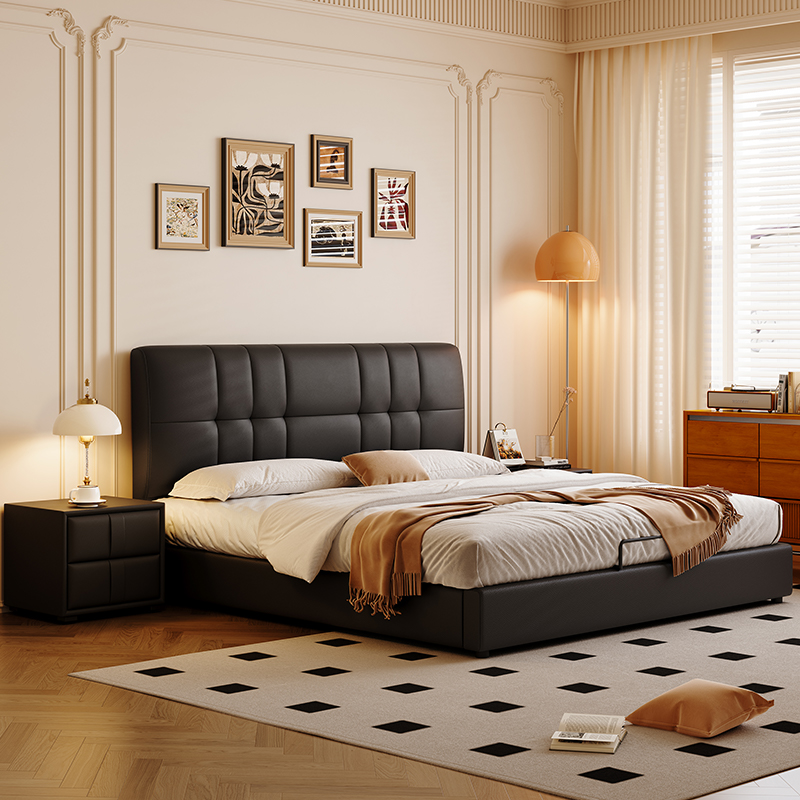 景山百岁 现代简约真皮床 意式双人主卧大床 北欧轻奢网红ins储物软包大床 舒适实用（多色可选 拍下请备注）高清大图