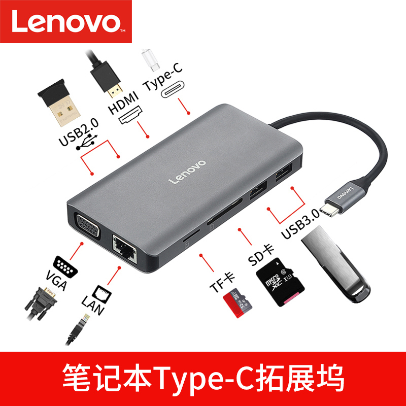 联想 原装Type-C扩展坞USB-C转HDMI转VGA转换器HUB集线 USB3.0分线器PD快充/苹果MacBook