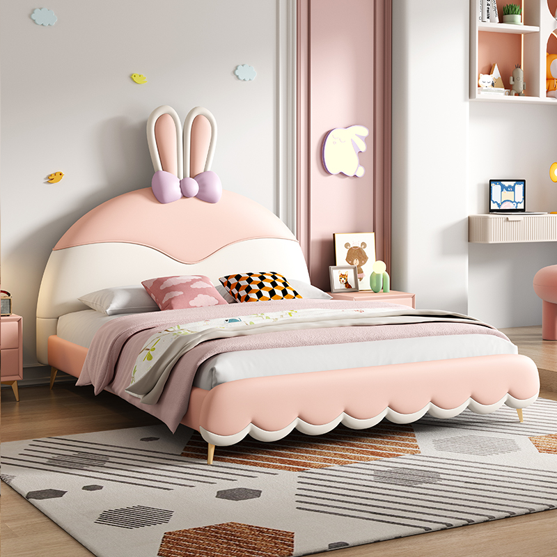 欧梵森儿童床女孩公主床卡通萌趣兔兔软包床现代简约卧室真皮床储物实木单双人床高清大图