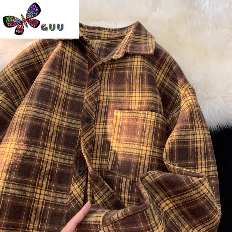 语娄美拉德穿搭格子衬衫女款vintage美式复古衬衣正肩法兰绒外套