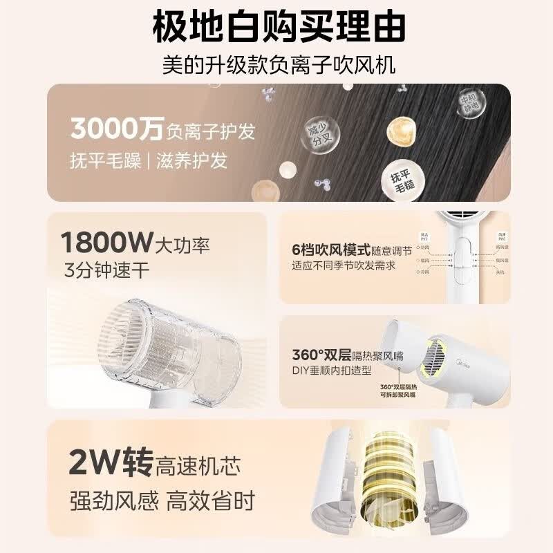 美的 FJ102 电吹风 负离子护发 家用高速吹风筒 简约轻巧机身 双重温度保护 1800W大功率高清大图