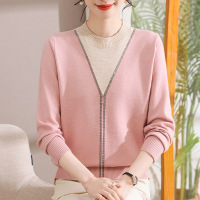 新款针织妈妈上衣女40-50-60岁中老年人假两件衣服中年女装春秋款 2XL(建议105斤-120斤） 针织粉色
