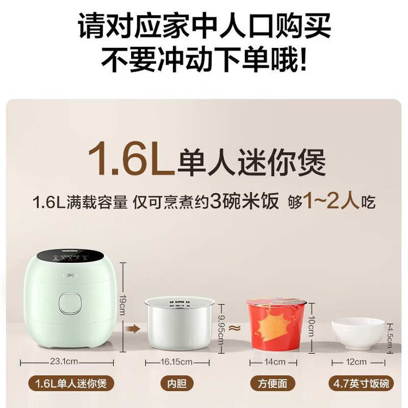 苏泊尔(SUPOR)小电饭煲1.6升陶瓷内胆电饭煲1-2人用宿舍小电锅家用不粘锅智能多功能迷你微压电饭锅高清大图