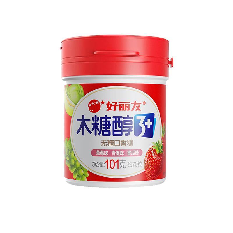 好丽友无糖口香糖101g*4罐木糖醇3+薄荷水果味花香味软糖清新口气大瓶装【红瓶】草莓青提香瓜味*4罐