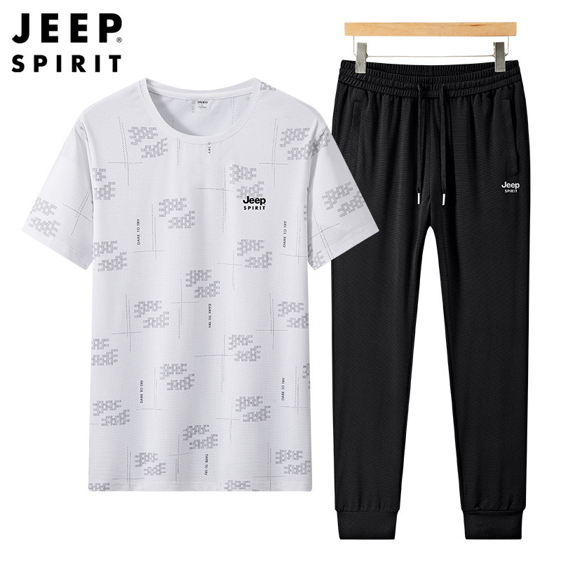 JEEPspirit吉普男装套装短袖T恤长裤两件套运动服夏季冰丝