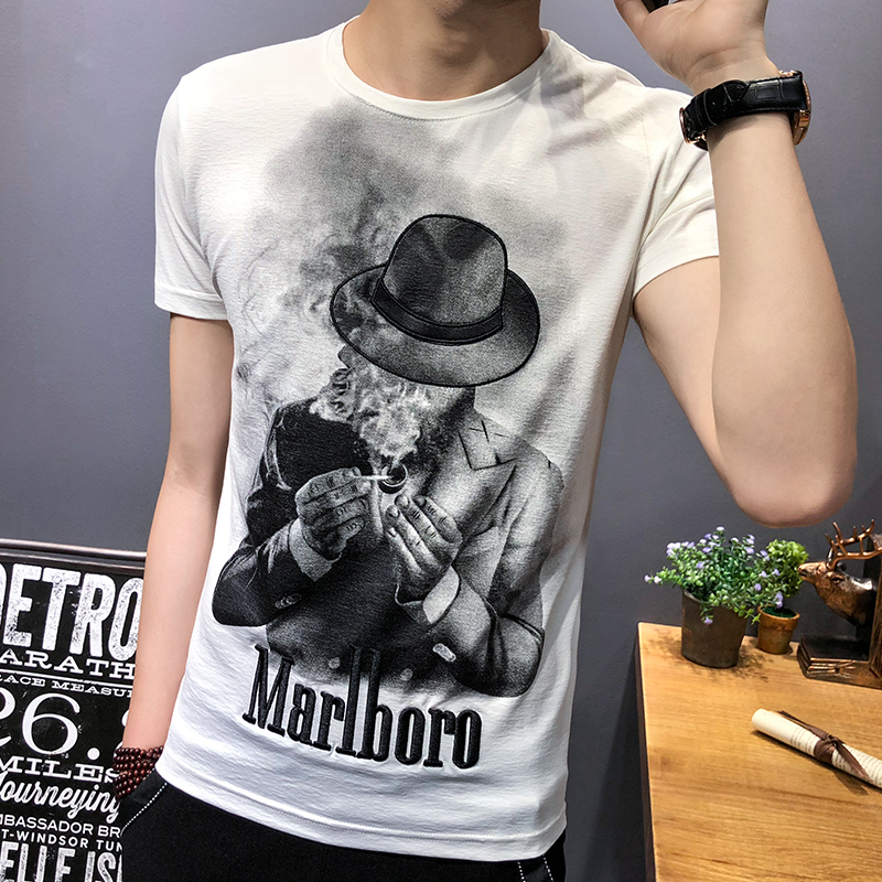 夏装英伦风刺绣短袖T恤男士人物印花半袖棉t夜店时尚体恤小伙上衣