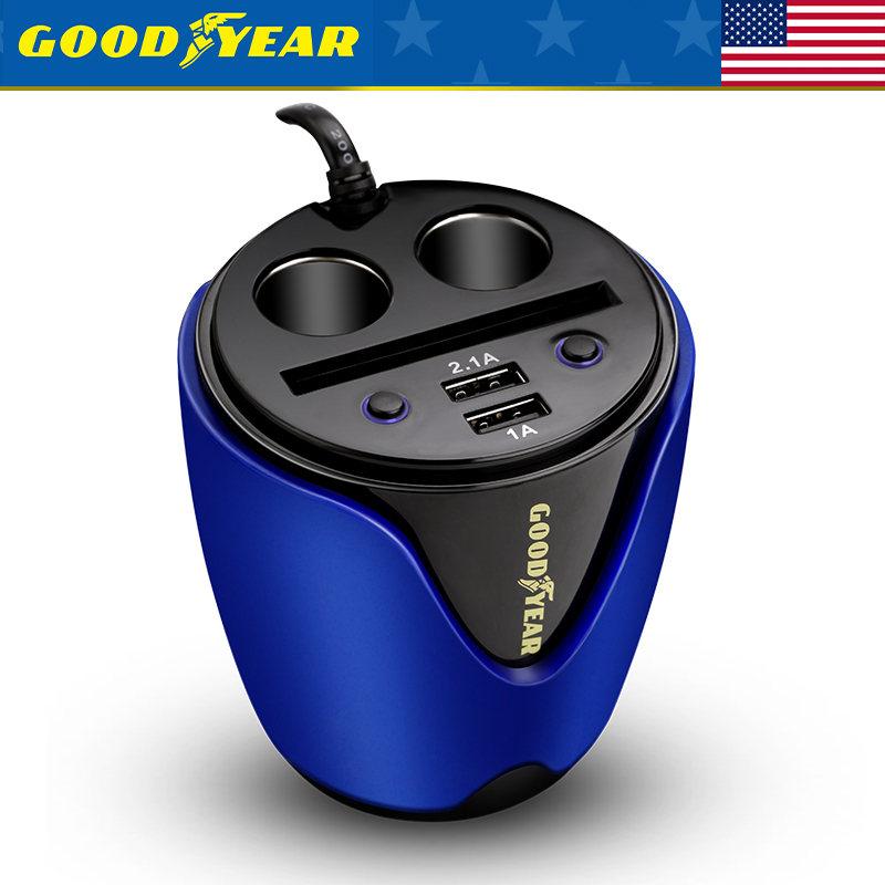GOODYEAR/固特异杯式多功能一体车载充电器 双USB双点烟器卡收纳一体车充 一拖二点烟器+双USB插头