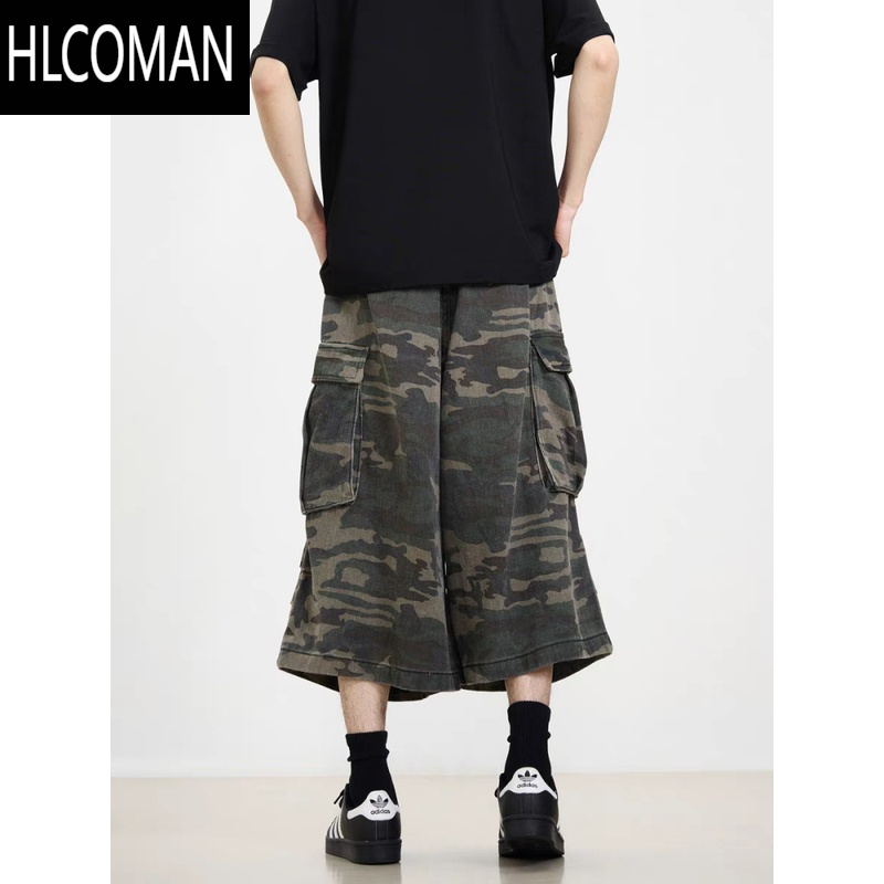HLCOMAN夏季美式口袋阔腿迷彩工装短裤男女新款潮牌宽松休闲七分裤牛仔裤