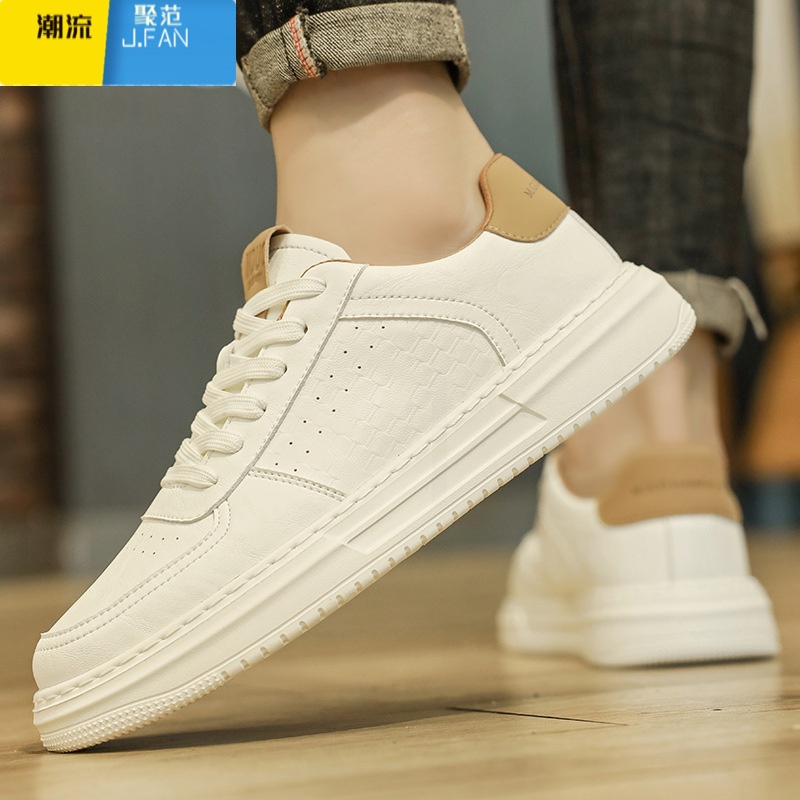 聚范纯白男鞋2024新款夏季透气厚底运动休闲板鞋男士百搭皮面小白潮鞋高清大图