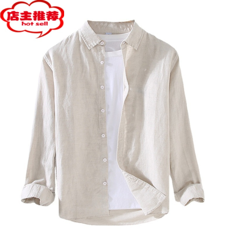shanchao春季亚麻衬衫男长袖宽松休闲薄款纯色日系复古工装白棉麻衬衣