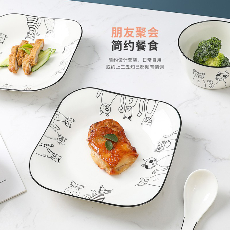 贝瑟斯 北欧卡通猫手绘10件套饭碗碟盘勺陶瓷餐具套装