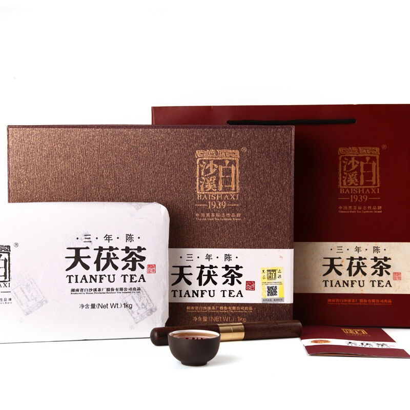 白沙溪 茶叶安化黑茶天茯茶三年陈金花茯茶砖茶叶礼盒装1KG送礼袋高清大图