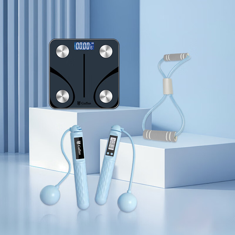 古菲斯(GUFIUS)健身燃脂S3套装 LCD显示屏电子秤体脂秤体重计+跳绳+8字拉力器