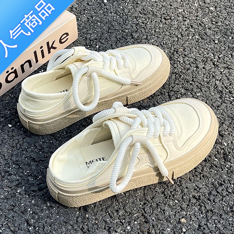 SUNTEK帆布鞋女原创2023夏季新款百搭小白鞋小众设计两穿一脚蹬板鞋高清大图