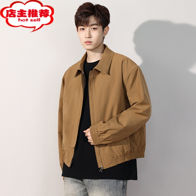 shanchao卡其色短款外套男翻领潮牌宽松痞帅外套运动男士飞行员夹克