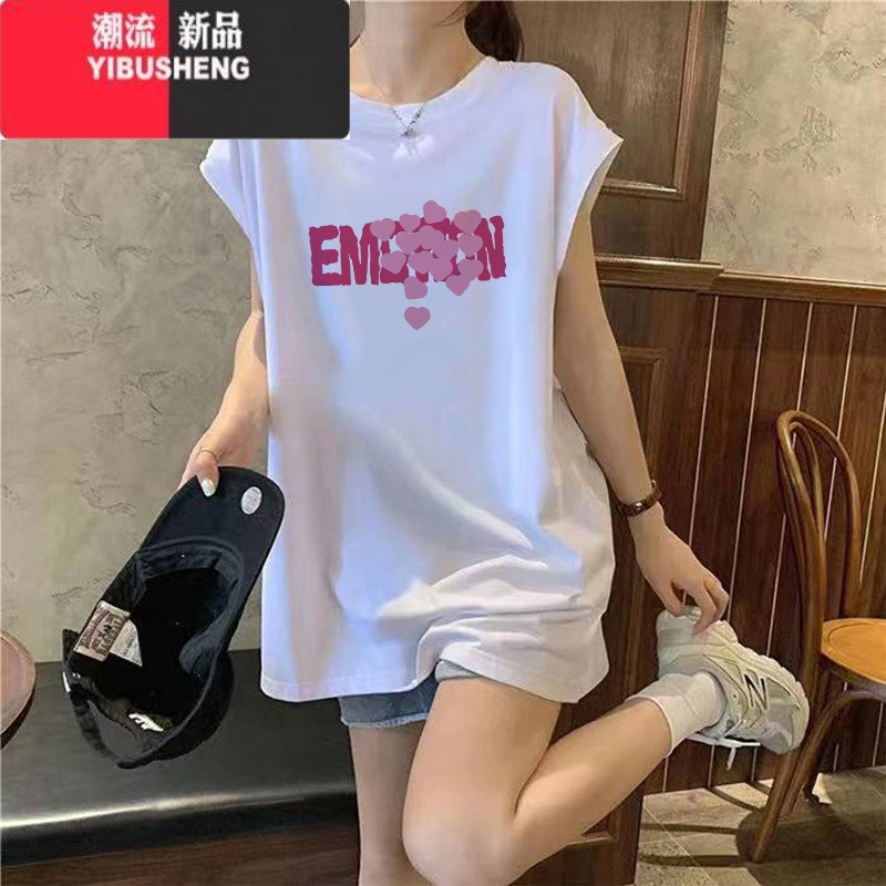 YIBUSHENG设计感白色小飞袖上衣潮中长款宽松休闲无袖t恤女生2024季新款高清大图