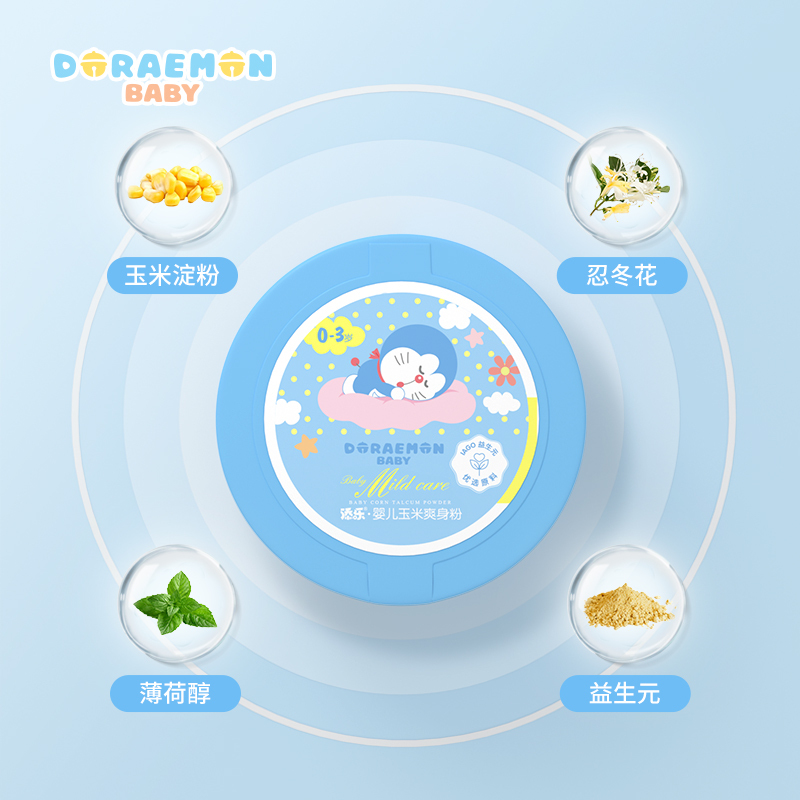添乐哆啦A梦婴儿痱子粉新生儿童止汗粉扑宝宝玉米爽身粉四季通用