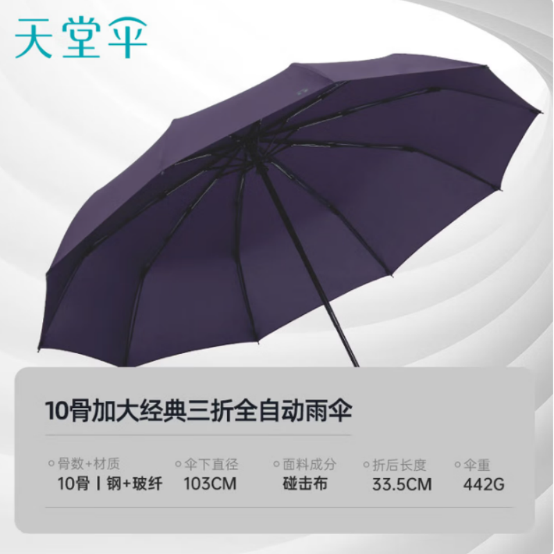 天堂全自动雨伞10K三折30729加固一键开收易甩干简约晴雨伞紫兰伞下103CM 紫兰