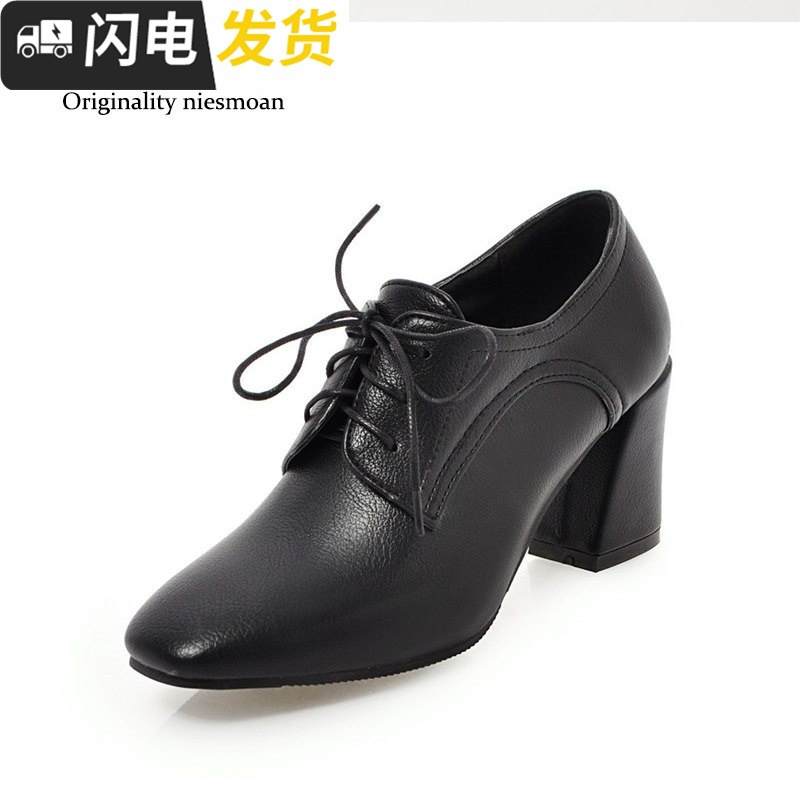 2022春季新款方头粗跟单鞋女系带高跟鞋英伦风复古小皮鞋百搭女鞋启如休闲鞋