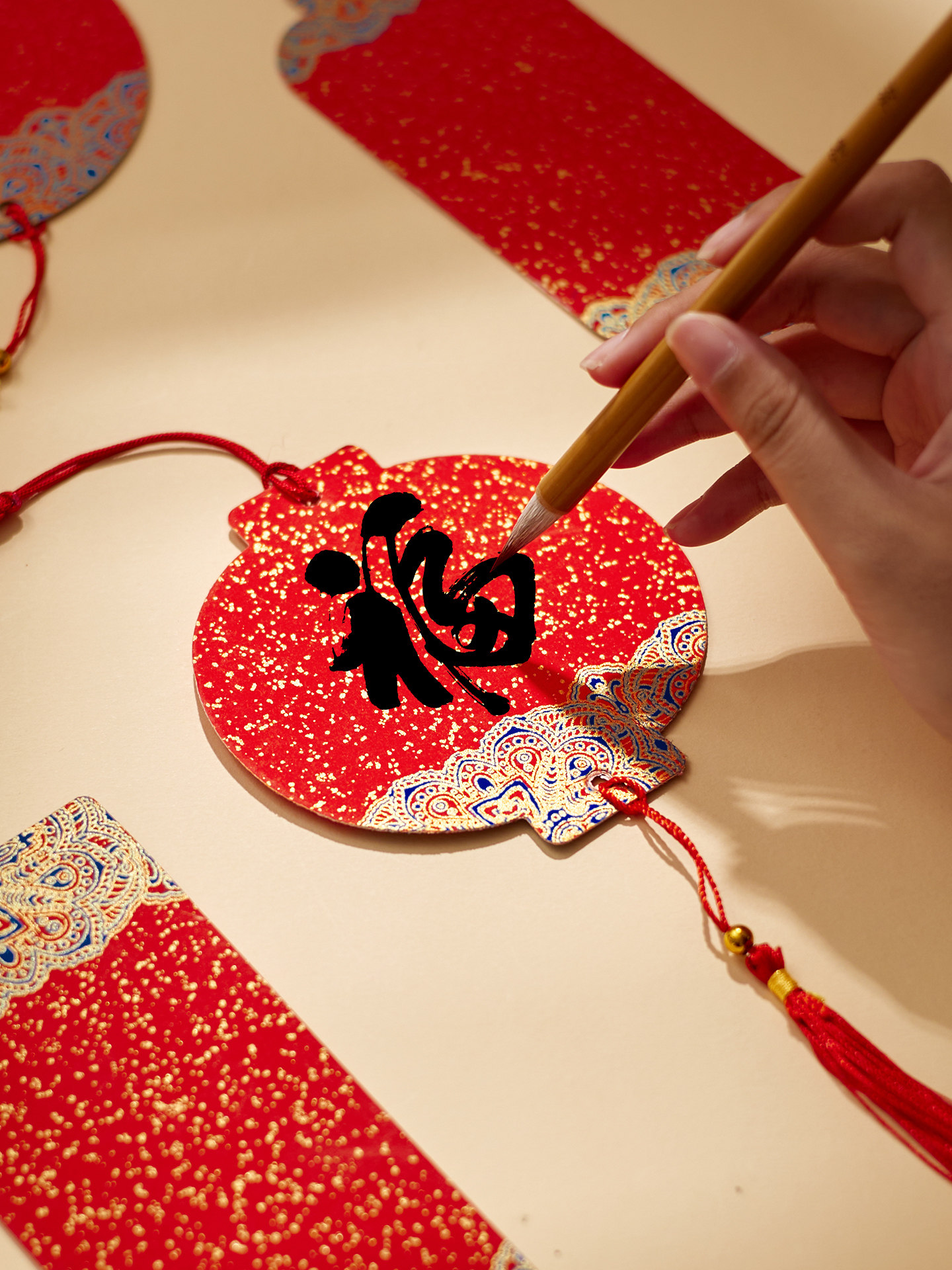 2026新款蜡染洒金灯笼万年红洒金宣纸迷你福卡挂件-宫廷彩绘红色混搭款[各3张]共18张高清大图