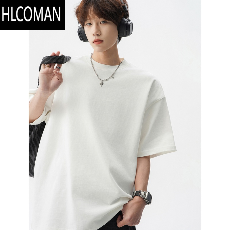 HLCOMAN260g纯色T恤男夏季美式复古短袖上衣oversize圆领打底衫