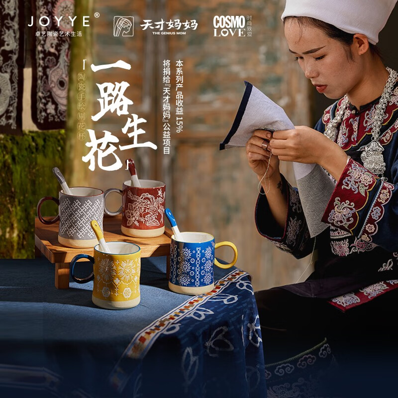 JOYYE生日礼物马克杯带勺有手柄创意刺绣图案水杯实用高档节日送礼 佛手东乡高清大图