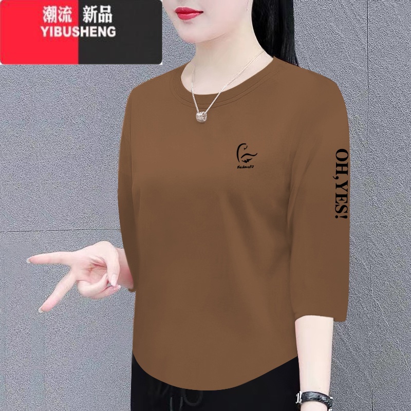 YIBUSHENG女士t恤季新款韩版宽松显瘦七分袖上衣女圆领休闲体恤衫潮高清大图