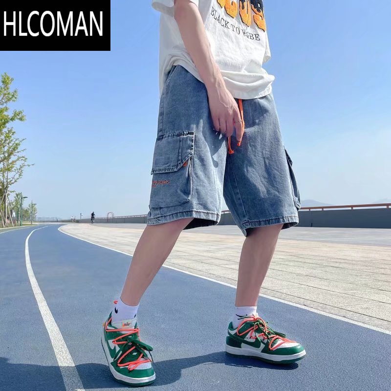 HLCOMAN复古水洗牛仔短裤男夏季潮牌嘻哈宽松五分裤多口袋松紧腰工装中裤高清大图