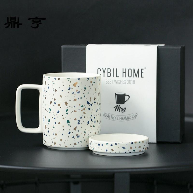 鼎亨创意石英石纹理陶瓷杯带盖马克杯茶杯子咖啡杯水杯 礼盒套装