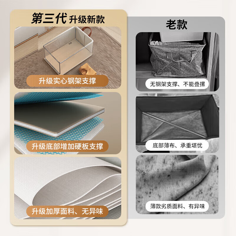 百草园布艺收纳箱衣服裤子收纳盒筐内衣柜储物分层整理分隔神器大号米黄高清大图