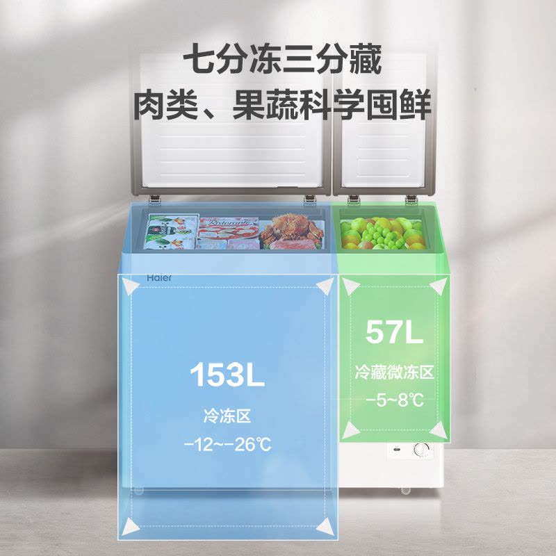 海尔(Haier)210升卧式冰柜冷柜 大冷冻小冷藏冰箱 双温储鲜双重抗菌 100h断电保护 FCD-210GHXD图片