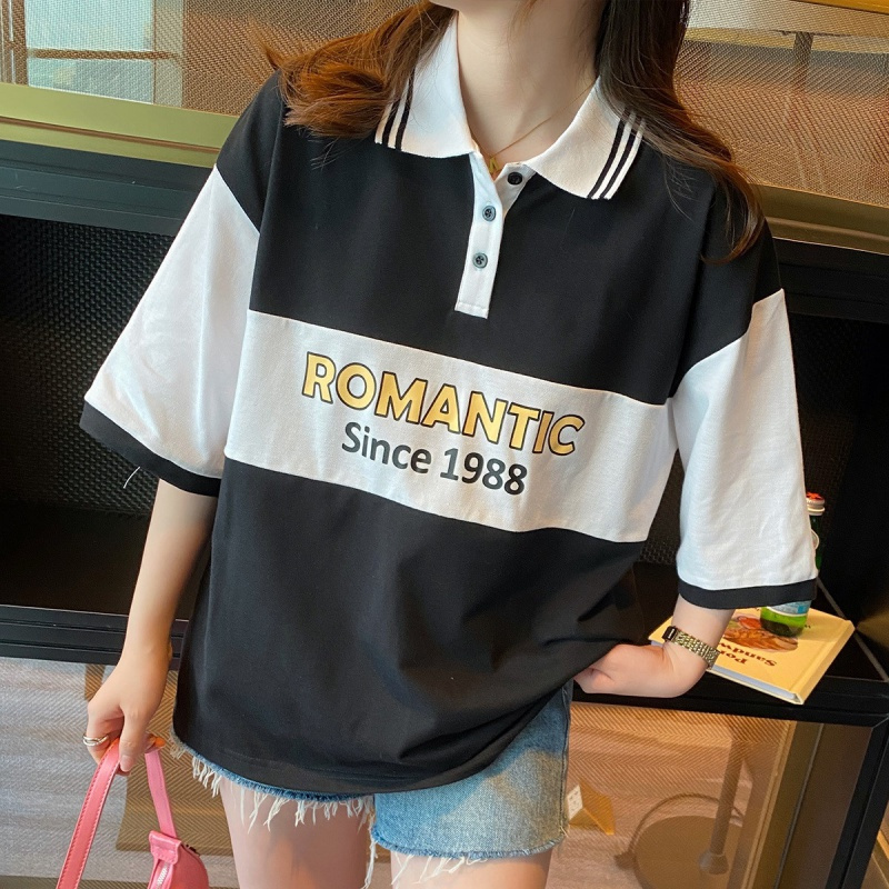 唐狮 夏季Polo衫女拼色短袖上衣韩版ins宽松百搭潮