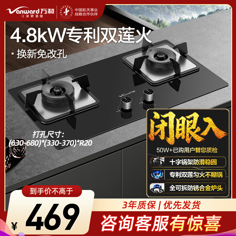 万和 [蓝莲花]燃气灶4.8kW大火力玻璃嵌入式台式两用灶具 易清洁灶具JZY-B9L50(液化气)高清大图