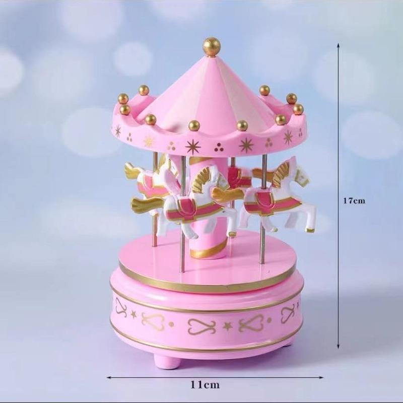 旋转木马音乐盒梦幻八音盒七彩投影发光女生女孩生日礼物装饰摆件 小号粉色旋转木马-无灯