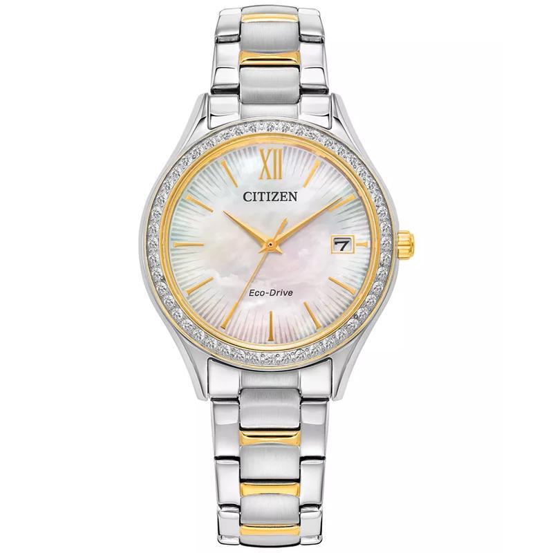 西铁城(CITIZEN)光动能女款三眼石英手表34mm母贝表盘两-tone不锈钢表带